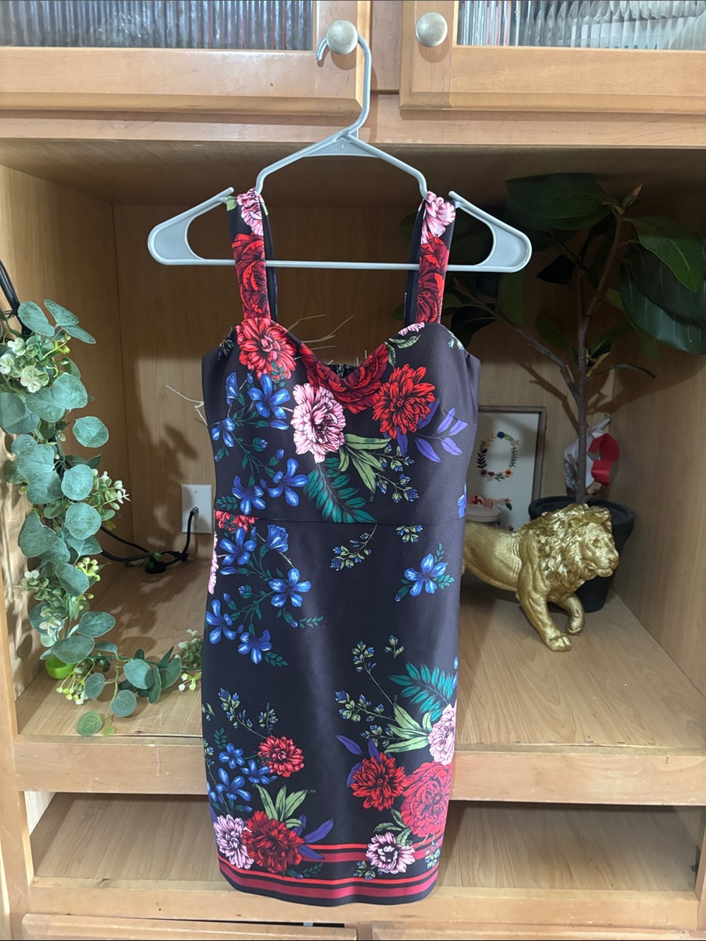 Guess Black Floral Midi Dress with Red, Pink & Blue Flowers 2017